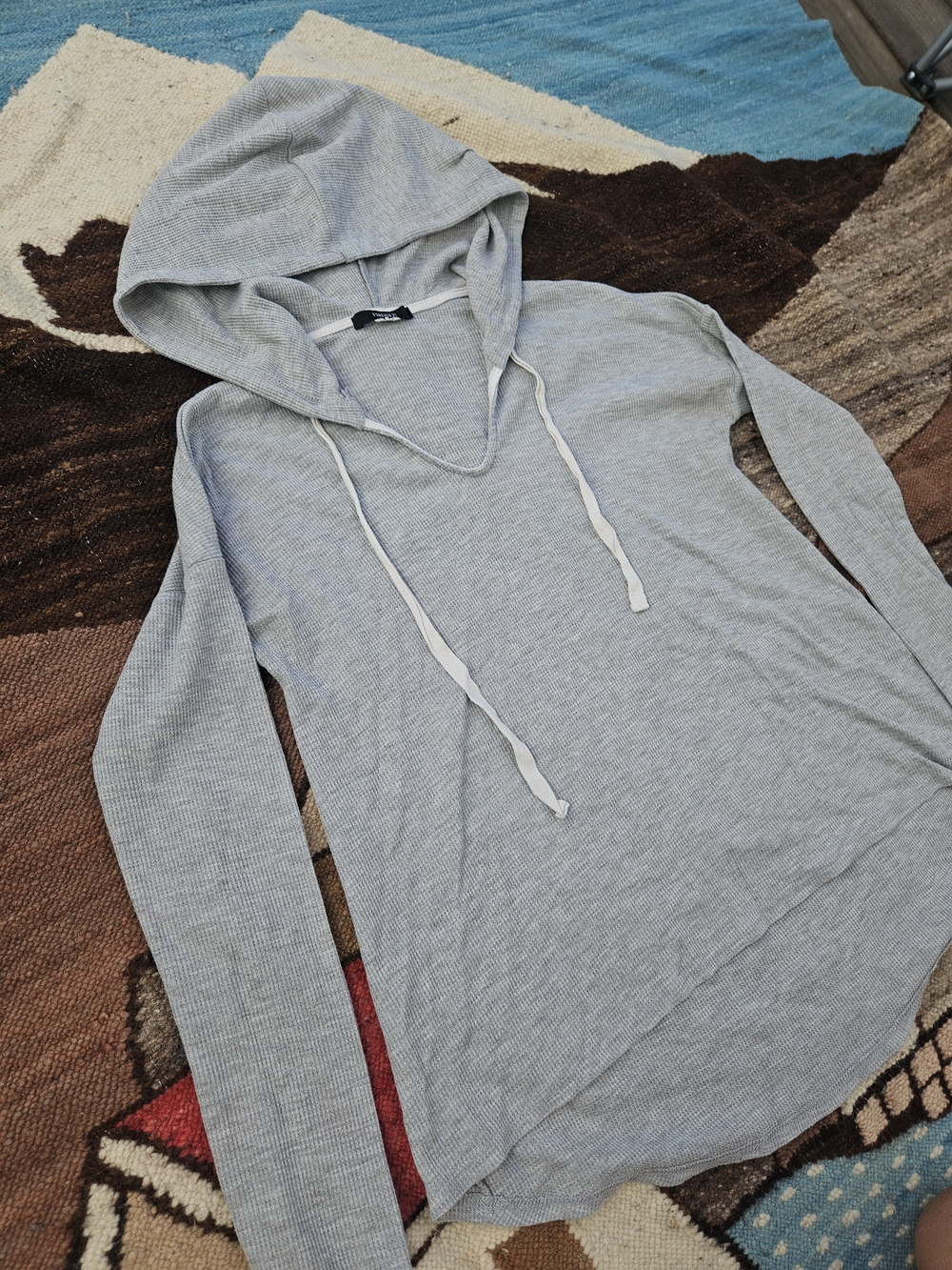 Lightweight Waffle Knit Hoodie Gray Long Sleeve Pullover Tunic Hi Low Women's S
